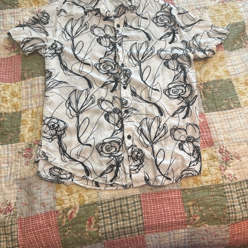 Black and White Casual Button Down Shirt with Artistic Design